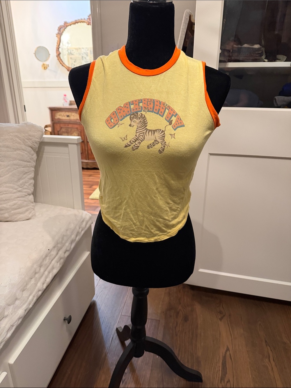omighty Yellow Crop Tank with Orange Trim and Tiger Graphic